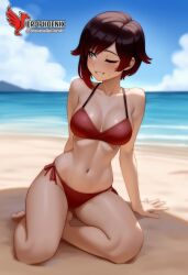 1girls 2d ai_generated ass back barefoot beach beachball big_ass big_breasts bikini black_bikini day erophoenix feet gradient_hair looking_at_viewer looking_back multicoloured_hair outdoors pale_skinned_female patreon_username red_hair ruby_rose rwby short_hair sitting sky smile soles solo swimsuit two-tone_hair umbrella uncensored