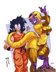 1boy 1boy1girl 1female 1girls 1male 1male1female alien alien/human alien_girl bedroom_eyes black_hair dragon_ball dragon_ball_(series) dragon_ball_fighterz dragon_ball_z eyelashes freeza frieza gold_bikini golden_bikini golden_frieza golden_week grin grinning lips purple_lips red_eyes rule_63 smile smiling tail tail_around_neck tran4of3 yamcha