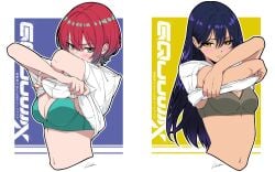 2girls amate_yuzuriha artist_signature blue_background blush bra breast_size_difference cleavage color embarrassed english_text eyebrows_visible_through_hair eyes_visible_through_hair green_bra green_eyes green_highlights grey_bra gundam gundam_gquuuuuux half-closed_eyes inner_sideboob japanese_text lighting looking_away nyaan_(gundam_gquuuuuux) partially_clothed purple_hair red_hair shika_snkrs shirt_lift sideboob small_breasts undressing watermark white_border white_shirt yellow_background yellow_eyes