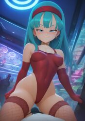 1girls ai_generated blue_eyes blue_hair blush bra_(dragon_ball) breasts bulge choker civitai cowgirl_position dragon_ball dragon_ball_gt earrings elbow_gloves female fishnet fishnet_legwear fishnets gloves headband leotard lidded_eyes long_hair looking_at_viewer medium_breasts nightclub nipple_bulge nipples on_top petite pov smile smirk thick_thighs thigh_highs thighhighs thin_waist viewed_from_below wide_hips yercyu