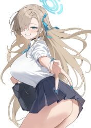 1girls absurdres ass asuna_(blue_archive) bag black_choker black_skirt blonde_hair blue_archive blue_eyes blue_halo blue_nails bow bowtie breasts choker collared_shirt cone_(arca_live) cowboy_shot female from_side grin hair_over_one_eye hair_ribbon halo highres large_breasts long_hair looking_at_viewer miniskirt nail_polish outstretched_arm pleated_skirt ribbon school_bag school_uniform shirt shirt_tucked_in skirt smile solo v very_long_hair white_shirt