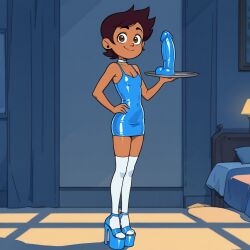 "artist: ai_generated blue_dildo blue_dress blue_high_heels brown_eyes brown_hair choker dildo dildo_on_tray erogintokiai flat_breasts hand_on_hip latex_outfit luz_noceda maid nervous omibozu platform_heels stripper_heels the_owl_house white_socks white_stockings