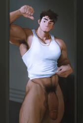 abs armpit_hair arms_up bara biceps big_muscles big_pecs big_penis casual casual_nudity cute_face ear_piercing earrings edited facial_hair hairy_armpits hairy_male hoonzino huge_cock male male_only masculine_male muscular muscular_male necklace piercing pubic_hair shirt_lift tank_top thick_eyebrows thick_pubes third-party_edit white_tank_top