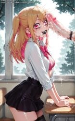 ai_generated black_lipstick black_stockings blonde_hair blowjob blowjob_face bra breasts classroom color colored cum cum_on_face female girl hell-pantsu hi_res hoshino_ruby multicolored_hair nipples oshi_no_ko penis penis_on_face pink_eyes pubic_hair pussy skirt stockings