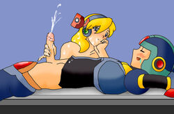 1boy 1girls alia android blonde_hair blue_eyes blush bottomless cum cum_on_face cum_shot drool erect_penis female handjob long_hair lying male mega_man mega_man_x penis reploid sleeping straight tagme topless