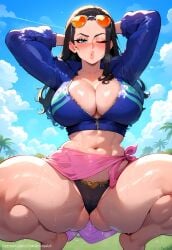 ai_generated arms_behind_head arms_up barefoot beach bikini black_hair blue_eyes blue_sky breasts busty cleavage commission day eyewear_on_head female large_breasts long_hair looking_at_viewer navel nico_robin one_eye_closed one_piece palm_tree patreon patreon_url patreon_username sinderellaart sky solo squatting sunglasses sweat swimsuit thick thighs tree voluptuous zipper