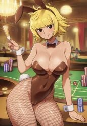 1girls ai_generated big_breasts bunny_ears bunny_girl bunnysuit casino marguerite one_piece party playboy_bunny playboy_bunny_leotard public servant serving_tray skimpy skimpy_clothes solo solo_focus