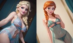 ai_assisted ai_generated blonde_female blonde_hair blonde_hair blonde_hair_female bra braid braided_hair braided_ponytail braided_twintails braids disney disney_princess frozen_(film) frozen_2 ginger ginger_hair hair nightgown no_nudity no_sex panties sheer sheer_clothing sisters transparent_clothing