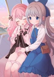 1boy blue_bow blue_dress blue_eyes blush bow closed_eyes clothes_lift commission cum dress female ferris_wheel grey_hair hairbow handjob highres lifting_own_clothes long_hair open_mouth original otoko_no_ko panties panty_pull penis pink_bow pink_hair pink_panties remo_(remoremoneed) skeb_commission skirt skirt_lift straight underwear