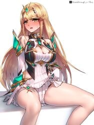absurdres blonde_hair blush breakthrough_rr breasts circlet cleavage cleavage_cutout clothing_cutout commentary core_crystal dress elbow_gloves female gloves highres invisible_chair large_breasts lifting_own_clothes long_hair looking_at_viewer mythra open_mouth panties riro_(breakthrough_rr) simple_background sitting solo thigh_strap underwear very_long_hair white_background white_dress white_gloves white_panties xenoblade_(series) xenoblade_chronicles_2 yellow_eyes