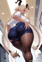 ai_generated ass asymmetrical_bangs azur_lane balecxi black_bra blonde_hair blue_skirt braid breasts dark_skin female from_behind from_below grin hair_over_one_eye horns kneepits long_hair looking_at_viewer looking_back mole mole_under_mouth owari_(azur_lane) pantyhose pencil_skirt smile solo thighs twin_braids white_shirt