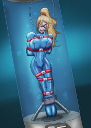 1girls arms_behind_back ball_gag blonde_hair blue_eyes bondage bound bound_ankles bound_arms female female_only femsub fully_clothed gag gagged in_container metroid ponytail samus_aran shiny_clothes stasis_tank stationary_restraints steel_bondage tight_clothing tightnudel zero_suit zero_suit_samus