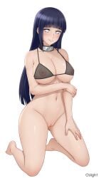 absurdres black_bra black_hair blunt_bangs bottomless bra breasts covered_nipples female forehead_protector headband_around_neck highres hyuuga_hinata konohagakure_symbol large_breasts long_hair naruto_(series) naruto_shippuuden navel no_pupils oslight pussy see-through_bra see-through_clothes smile solo uncensored underwear underwear_only white_eyes