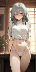 1girls ai_generated bedroom blush cameltoe crop_top golden_eyes grey_hair honkai:_star_rail horny leaning_back loose_clothes navel panties perfect_body sexy skinny solo standing stelle_(honkai:_star_rail) suggestive t-shirt