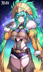 ai_generated beads belt best_girl booty_shorts braid cape eyelashes fate/grand_order fate_(series) foreigner fur_trim green_eyes green_hair headdress joke_tag kukulkan_(fate) kukulkan_(third_ascension)_(fate) large_breasts leather_clothing long_hair multicolored_hair pale_skin sorry space space_jam star tassel teal_hair underboob valkris9 wide_hips