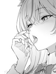 1boy after_fellatio bow bowtie completely_nude erection female flower giant giantess hair_flower hair_ornament hand_up highres hololive hololive_gen_5 hololive_japan long_hair multicolored_hair neck_ribbon nude penis ribbon saliva saliva_trail seo_tatsuya streaked_hair virtual_youtuber yukihana_lamy