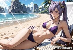 ai_generated arched_back ass_focus bikini bikini_aside bikini_babes bikini_bottom bikini_pull bikini_top breasts cleavage female flat_stomach genshin_impact katslantis keqing_(genshin_impact) long_hair long_hair_female lying micro_bikini nipple_bumps nipple_fetish nipple_outline nipple_piercing nipples nipples_visible_through_clothing purple_eyes purple_hair purple_hair_female see-through see-through_clothing see-through_panties shiny_skin sideboob slim_waist soft_thighs solo string_bikini suggestive sunbathing sweating sweating_female underboob wet wet_bikini wet_hair wet_skin