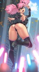 1girls anus anus_peek armpits ass ball_earrings black_boots black_dress black_gloves boku_no_hero_academia boots breasts cameltoe confetti crowd dress elbow_gloves eye_mask female female_only from_behind full_body gloves glowstick haneyama_kazuho highres holding holding_glowstick kagato007 large_breasts light-skinned_female looking_at_viewer looking_back medium_hair my_hero_academia pink_hair platform_boots pop_step red_eyes short_twintails small_breasts smile solo standing standing_on_one_leg teeth thigh_boots twintails upper_teeth_only v