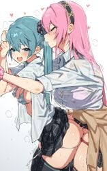 2girls aqua_eyes aqua_hair ass black_hairband black_skirt black_thighhighs blush bra bra_visible_through_clothes breasts futanari gradient_background grey_background hairband hatsune_miku highres large_breasts long_hair m_k medium_breasts megurine_luka motion_lines multiple_girls open_clothes open_mouth open_shirt pink_bra pink_hair plaid_clothes plaid_skirt sex sex_from_behind simple_background skindentation skirt striped_bra striped_clothes sweat thighhighs underwear vocaloid white_background