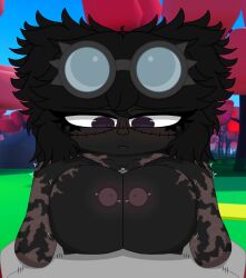 2025 blush boob_squish boobjob boobs_out breasts burnout_bandit dark-skinned_female dark_hair dark_skin female goggles_on_head grey_body looking_at_penis looking_down nipple_piercing oc original original_character paizuri precum purple_eyes roblox roblox_avatar roblox_background robloxian scarred_body scarred_breasts scars tip_peeking titjob y/n