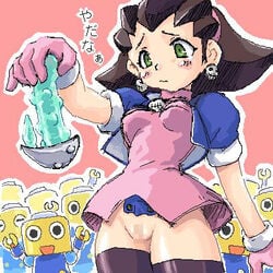 1girls black_hair blush bottomless breasts censored dildo dress erect_nipples female green_eyes jacket legwear long_hair mega_man mega_man_legends nipple_twist nipples no_bra pussy sex_toy shaved small_breasts solo standing tagme thighhighs tron_bonne uncensored