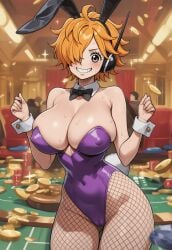 1girls ai_generated big_breasts bunny_ears bunny_girl bunnysuit casino one_piece party playboy_bunny playboy_bunny_leotard public servant serving_tray skimpy skimpy_clothes solo solo_focus vegapunk_lilith