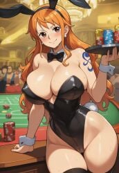 1girls ai_generated big_breasts bunny_ears bunny_girl bunnysuit casino nami_(one_piece) one_piece party playboy_bunny playboy_bunny_leotard public servant serving_tray skimpy skimpy_clothes solo solo_focus