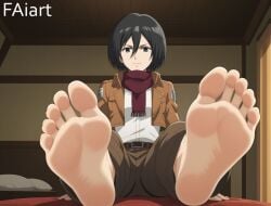 ai_generated attack_on_titan barefoot black_eyes black_hair faiart foot_fetish foot_focus looking_at_viewer mikasa_ackerman shingeki_no_kyojin sitting