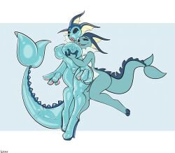 animal_genitalia anthro big_breasts breast_grab breasts claws clothing duo eeveelution female footwear frill_(anatomy) generation_1_pokemon genitals gynomorph hand_on_breast high_heels holding_breast hug hugging_another hugging_from_behind ibukibunni intersex latex lips nintendo nude pawpads paws pokemon pokemon_(species) sheath shoes tail thick_lips vaporeon