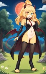 1girls 2025 ai_generated animal_crossing anthro blonde_female blonde_hair blue_eyes breasts canine digitigrade dress female female_only heterochromia hi_res innie_pussy isabelle_(animal_crossing) long_hair moon night nintendo nipples open_mouth orange_eyes outdoors pink_nipples pussy slit_pupils smile succubus succubus_horns succubus_wings thighhighs white_fur yellow_fur