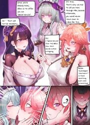 3girls absurdres animal_ears aqua_hair bare_shoulders black_choker blush braid breasts choker cleavage covered_nipples detached_sleeves earrings fan_hair_ornament flower fox_ears fox_girl gem genshin_impact hair_flower hair_ornament highres horori_(halloweenday309) huge_breasts japanese_clothes jewelry kimono long_hair looking_to_the_side low-braided_long_hair low-tied_long_hair mole mole_under_eye multiple_girls necktie nontraditional_miko obi obiage obijime parted_bangs pink_hair pointy_ears purple_eyes purple_hair purple_kimono raiden_shogun red_necktie red_ribbon ribbon sash shrug_(clothing) sideboob sidelocks smile yae_miko yumemizuki_mizuki