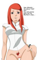 1female blank_background blue_bracelet blue_eyes blush blush blushing_female bracelet english_text female female female_focus female_only flaunting hair_clip kushina_uzumaki long_hair maristea mommy mother naruto naruto_(series) naruto_shippuden no_panties partially_clothed_female pubic_hair pussy pussy_focus red_hair red_pubic_hair shiny shiny_skin short_sleeves showing_pussy signature simple_background smile smiling smiling_at_partner smiling_at_viewer text uzumaki_kushina white_jacket zipper