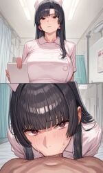 1boy 1girls alise_(kosine1777) all_the_way_to_the_base black_hair blowjob blunt_bangs comic deepthroat fellatio kosine1777 kosineverse large_breasts long_hair looking_at_viewer nurse nurse_cap nurse_uniform oral oral_penetration oral_sex original original_character patient pov_blowjob pov_male