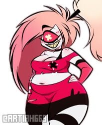 artiah669 belly belly_bulge cherri_bomb cherri_bomb_(hazbin_hotel) chubby chubby_female curvy demon demon_girl extra_thicc freckles freckles_on_face freckles_on_shoulders hazbin_hotel mommy_material obese pudgy_belly succubus tattoo tattoo_on_arm tattooed_arm tattoos thick_ass thick_thighs titties wife_material