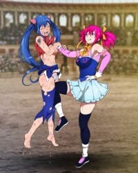 2girls breasts catfight defeat highres humiliation large_breasts multiple_girls pink_hair powt ryona sheria_blendy smile tagme wendy_marvell
