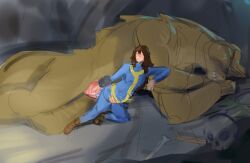 absurd_res anthro big_penis big_stomach bone boots cave clothed clothed_female clothing deathclaw duo fallout female female_penetrated footwear genitals hair hecreat hi_res horn human male male/female male_penetrating male_penetrating_female mammal microsoft nude_anthro penetration penis reptile scalie sex shoes skull sleeping tagme tail teeth vault_suit