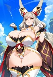 ai_generated airplane animal_ears bare_shoulders big_breasts cleavage curvy deep_cleavage female gloves grey_hair hair_ornament highleg highleg_leotard huge_breasts leotard nia_(blade) nia_(xenoblade) paw_pose thick_thighs tiara voluptuous wide_hips xenoblade_(series) xenoblade_chronicles_2