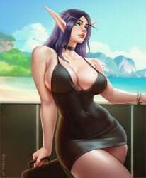 1girls 2025 aqua_eyes beach big_breasts black_dress blizzard_entertainment blue_eyes choker dark_purple_hair detailed_background dress elf elf_ears elf_female empty_eyes female female_only handbag high_elf long_eyebrows mrgobbo purple_hair seaside solo thick_thighs very_high_resolution warcraft world_of_warcraft