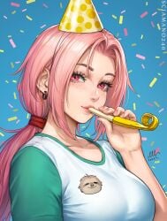 birthday chloe_(sciamano240) confetti mirco_cabbia oc original original_character party_hat pink_eyes pink_hair sciamano240 simple_background sloth