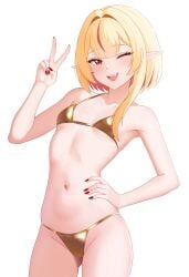 1girls 2d 2d_(artwork) alternate_costume alternate_hairstyle belly_button bikini bikini_bottom bikini_top blonde_hair blush covered_nipples dsuzu eternals_(idol_corp) fanart fanart_from_twitter female female_focus female_only front_view golden_bikini_bottom golden_bikini_top golden_swimsuit high_resolution highres idol_corp idol_es latam_virtual_youtuber light-skinned_female light_skin looking_at_viewer one_eye_closed petite petite_body petite_female pointy_ears red_eyes red_hair red_nails ruby_runeheart short_hair simple_background slim_girl small_breasts smiling_at_viewer solo solo_female solo_focus standing swimsuit thong thong_bikini two_piece_swimsuit two_tone_hair virtual_youtuber vtuber vtuberfanart white_background young younger_female