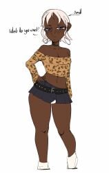1boy 1femboy 1male annoyed belt bulge_through_clothing cheetah cheetah_print dark-skinned_femboy dark-skinned_male dark_skin english_text femboy flat_chest flat_colors frown fully_clothed gyaru hand_on_hip jeteggs leg_warmers legs male miniskirt off_shoulder original original_character simple_background solo solo_focus talking_to_viewer thick_thighs unfinished white_background white_hair