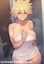 after_shower ai_generated big_ass big_breasts big_butt big_thighs blonde_hair blush huge_ass huge_breasts huge_butt huge_thighs mitsuki_bakugou my_hero_academia naked_towel red_eyes spiked_hair wanuze wide_hips