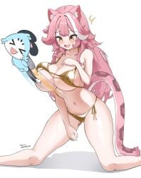 animal_ear_fluff big_breasts bikini blush breast_slip breasts cat_ears censored chattino_(raora_panthera) convenient_censoring golden_bikini hololive hololive_english hololive_english_-justice- jetpack kemonomimi leopard_tail open_mouth pink_hair raora_panthera really_long_hair surprised_expression thick_thighs two_tone_hair vanillafox2035 virtual_youtuber white_background white_highlights yellow_eyes