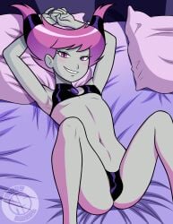 1girls 2023 alternate_version_available blush bottomwear breasts dc dc_comics female female_only grey_body grey_skin hair hands_behind_head jinx_(dc) legwear megasweet neckwear on_bed pillow pink_eyes pink_hair purple_thighhighs redraw small_breasts smile solo solo_female thighhighs_removed topwear