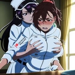 2d 2d_(artwork) 2d_artwork 2girls ahegao_ai ai_generated ayase_momo bambietta_basterbine bleach bleach:_the_thousand-year_blood_war breasts breasts_grab clothed clothing dandadan female female_focus female_only groping groping_breasts patreon patreon_link patreon_logo patreon_url patreon_username uniform watermark