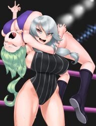 2girls ass butt_crack catfight commission female highres multiple_girls original rggr short_hair skeb_commission sweat sweatdrop tagme tears wrestling wrestling_outfit wrestling_ring wrestling_singlet