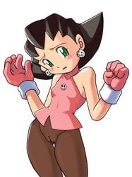 1girls black_hair blush cameltoe dress female green_eyes long_hair mega_man mega_man_legends nipple_twist no_bra pantyhose pussy shaved solo standing tagme tron_bonne uncensored