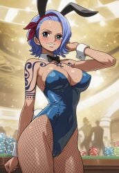 1girls ai_generated big_breasts bunny_ears bunny_girl bunnysuit casino nojiko one_piece party playboy_bunny playboy_bunny_leotard public servant serving_tray skimpy skimpy_clothes solo solo_focus