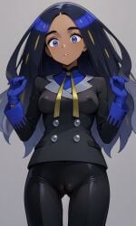 1girls black_hair black_jacket black_pants blue_eyes blue_gloves blue_shirt breasts dark-skinned_female dark_skin geeta_(pokemon) long_hair looking_down multicolored_hair neck_ribbon nipples parted_bangs pokemon pokemon_sv pussy pussy_juice pussy_juice_drip ribbon teeth upper_body wet_pants wide_eyed yellow_ribbon