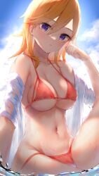 armpit_crease bare_belly bare_shoulders belly_button big_breasts bikini blush breasts collarbone groin love_live! love_live!_superstar!! medium_hair micro_bikini orange_hair outdoors parted_lips purple_eyes red_bikini shibuya_kanon sideboob sitting tanaka212 underboob water wet_body wet_hair wet_shirt